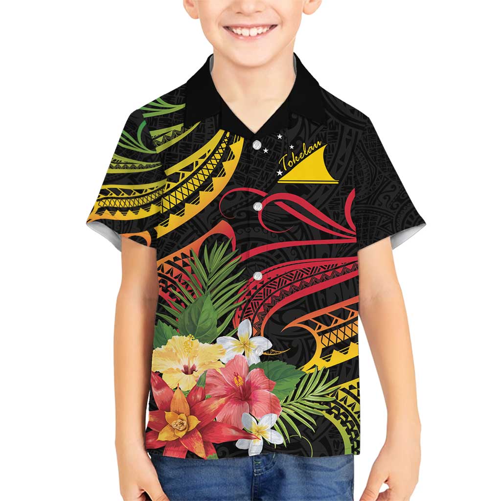 Personalised Tokelau Tropical Flowers Family Matching Off Shoulder Maxi Dress and Hawaiian Shirt Reggae Polynesian Art Vibe LT9 Son's Shirt Reggae - Polynesian Pride