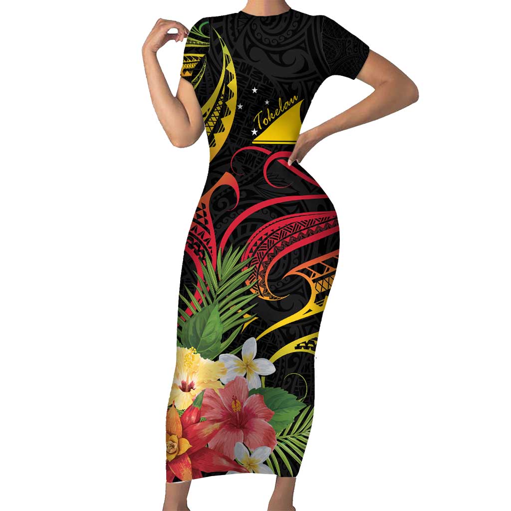 Personalised Tokelau Tropical Flowers Short Sleeve Bodycon Dress Reggae Polynesian Art Vibe LT9 Long Dress Reggae - Polynesian Pride