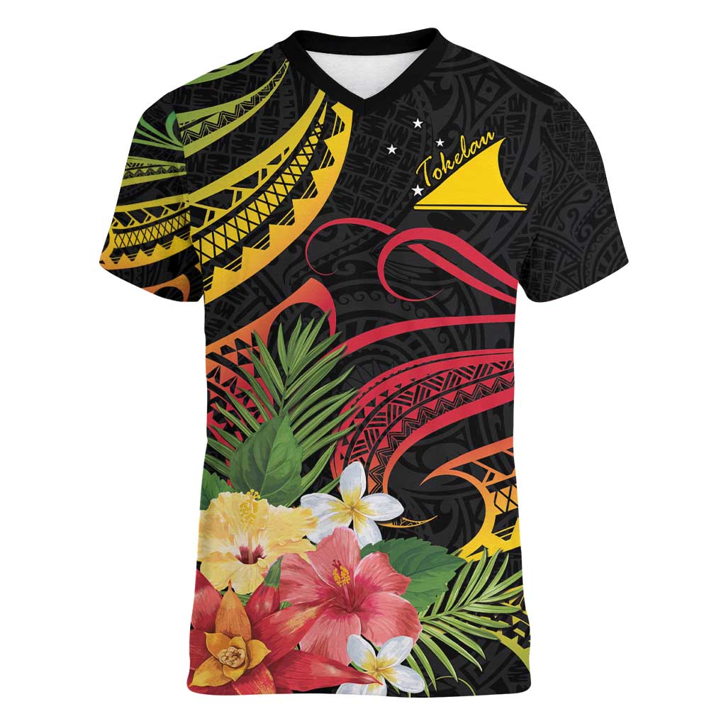 Personalised Tokelau Tropical Flowers Women V-Neck T-Shirt Reggae Polynesian Art Vibe LT9 Female Reggae - Polynesian Pride