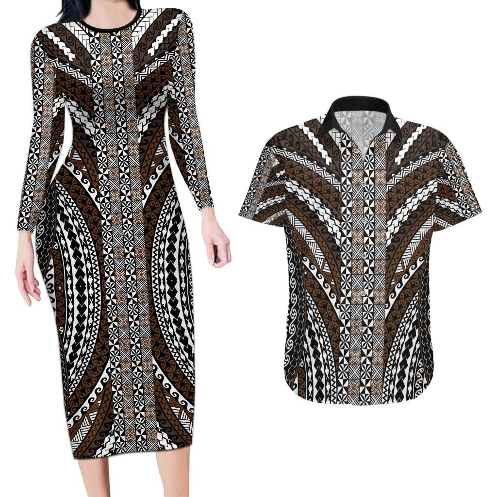 Brown Tongan Polynesian Tribal Couples Matching Long Sleeve Bodycon Dress and Hawaiian Shirt LT9 Brown - Polynesian Pride