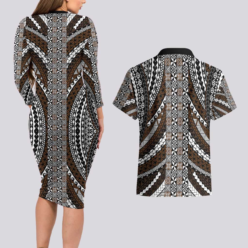 Brown Tongan Polynesian Tribal Couples Matching Long Sleeve Bodycon Dress and Hawaiian Shirt LT9 - Polynesian Pride