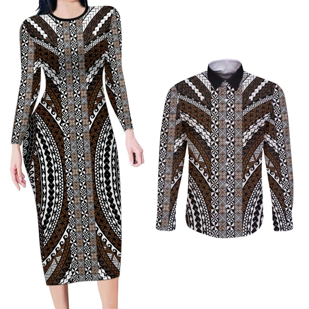 Brown Tongan Polynesian Tribal Couples Matching Long Sleeve Bodycon Dress and Long Sleeve Button Shirt LT9 Brown - Polynesian Pride