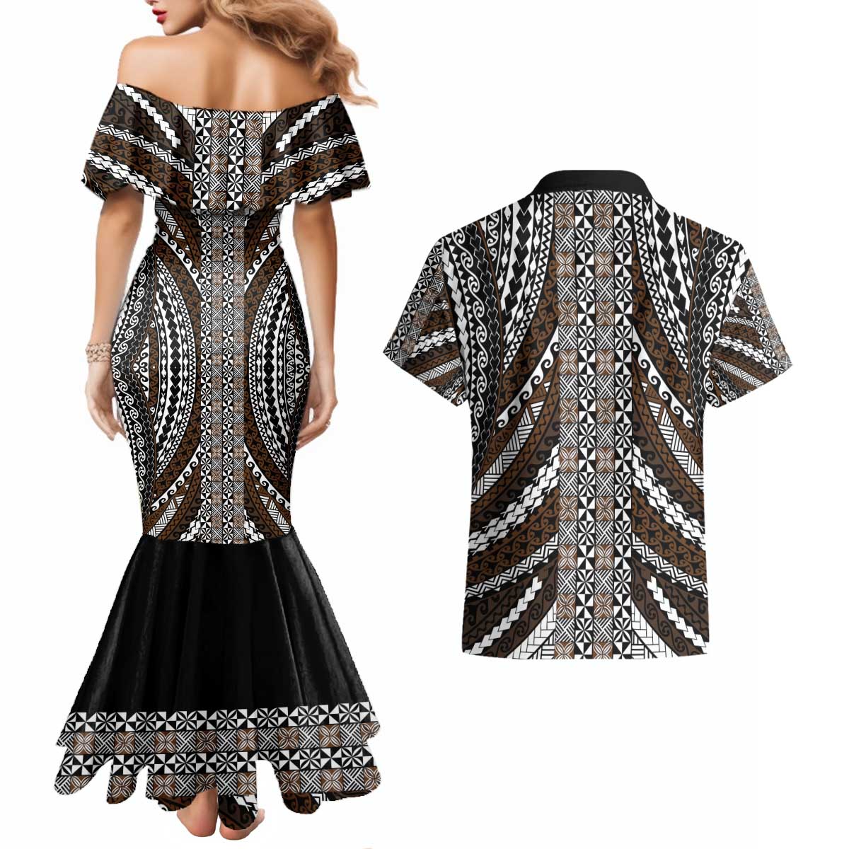 Brown Tongan Polynesian Tribal Couples Matching Mermaid Dress and Hawaiian Shirt LT9 - Polynesian Pride