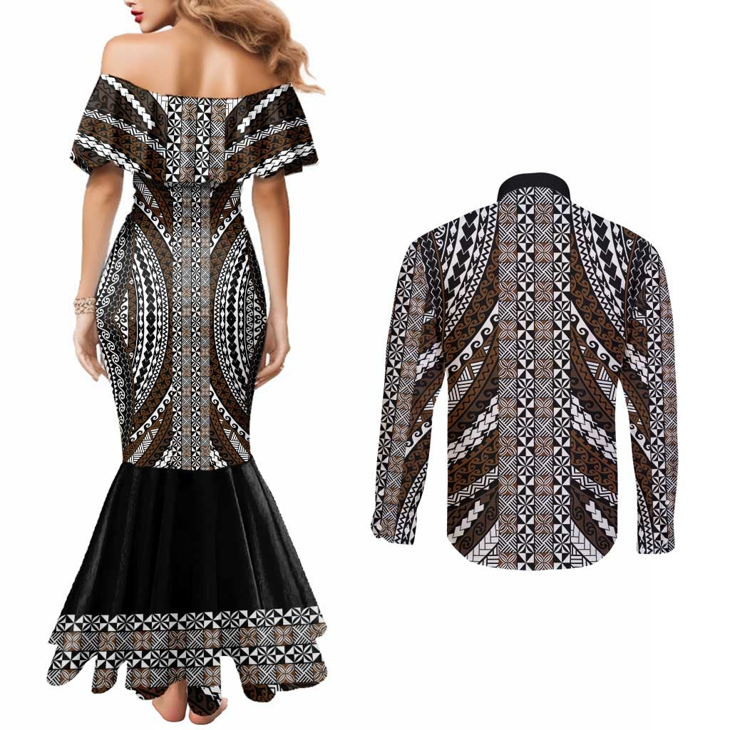 Brown Tongan Polynesian Tribal Couples Matching Mermaid Dress and Long Sleeve Button Shirt - Polynesian Pride
