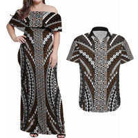 Brown Tongan Polynesian Tribal Couples Matching Off Shoulder Maxi Dress and Hawaiian Shirt LT9 Brown - Polynesian Pride