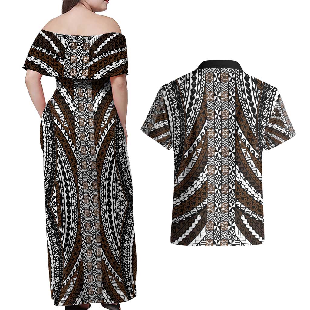 Brown Tongan Polynesian Tribal Couples Matching Off Shoulder Maxi Dress and Hawaiian Shirt LT9 - Polynesian Pride
