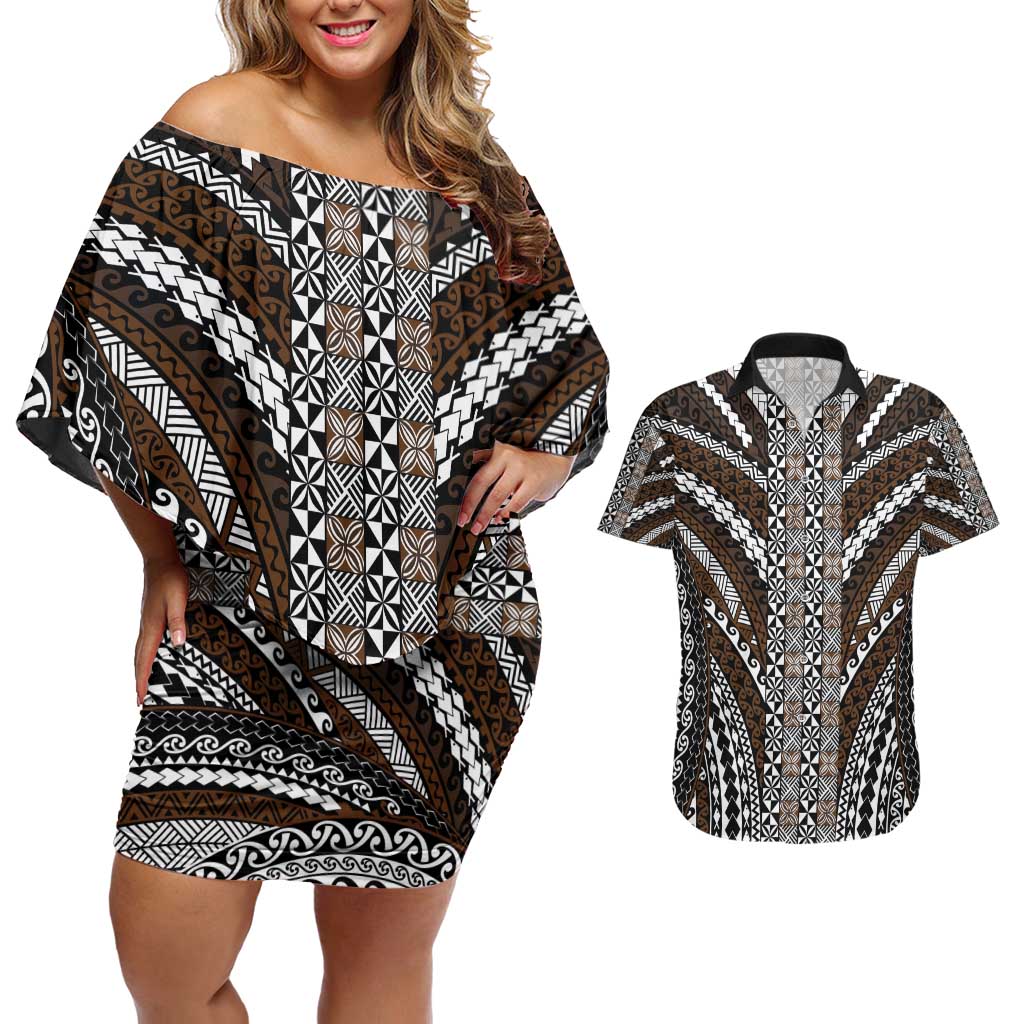 Brown Tongan Polynesian Tribal Couples Matching Off Shoulder Short Dress and Hawaiian Shirt LT9 Brown - Polynesian Pride