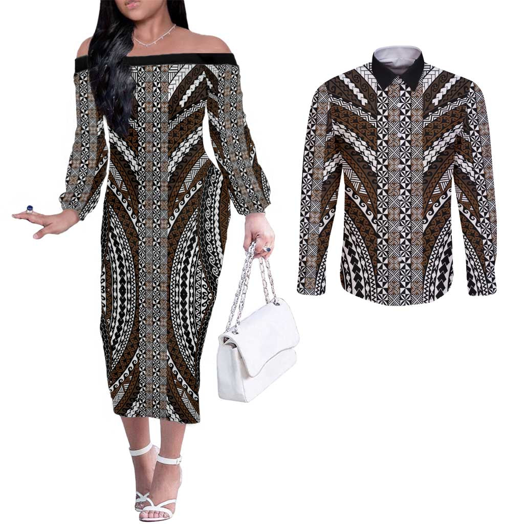 Brown Tongan Polynesian Tribal Couples Matching Off The Shoulder Long Sleeve Dress and Long Sleeve Button Shirt LT9 Brown - Polynesian Pride