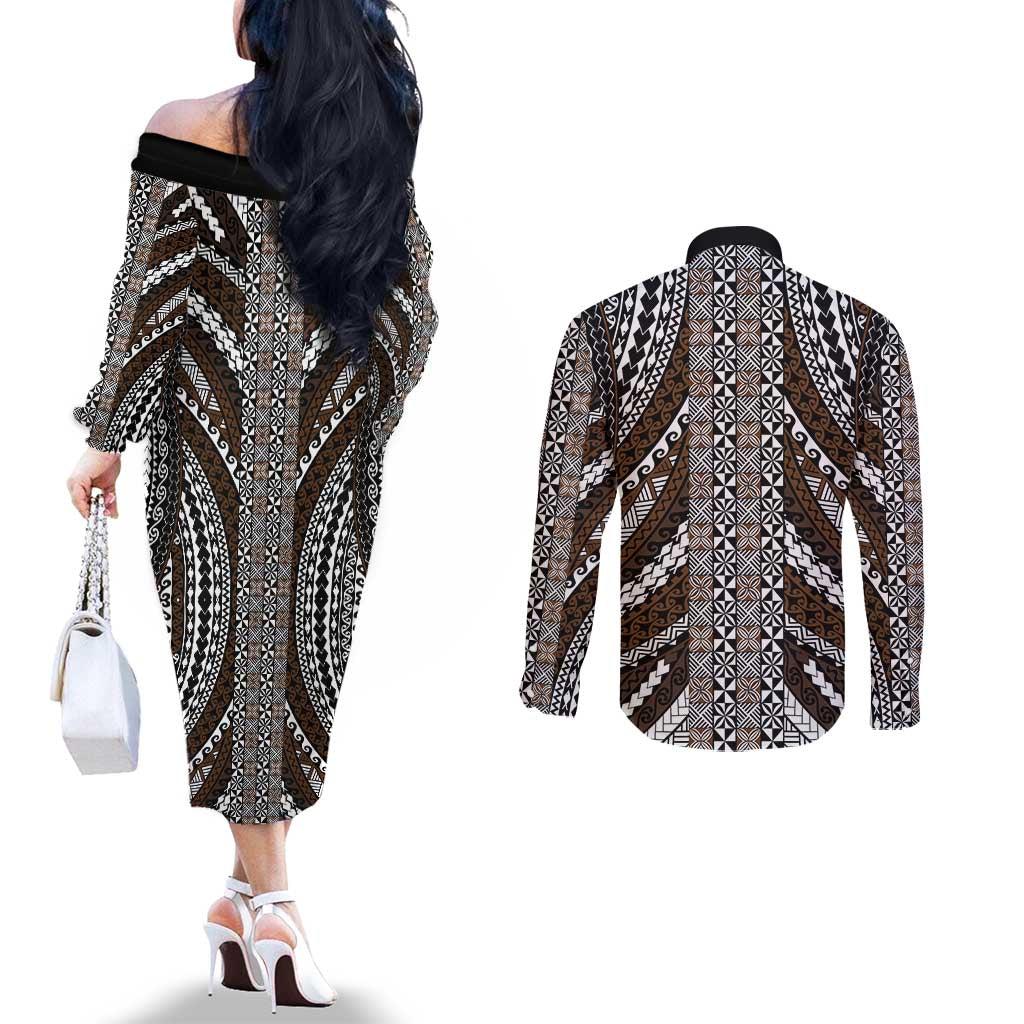Brown Tongan Polynesian Tribal Couples Matching Off The Shoulder Long Sleeve Dress and Long Sleeve Button Shirt LT9 - Polynesian Pride