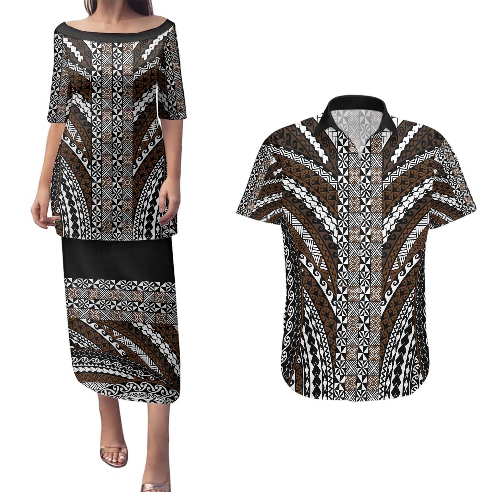 Brown Tongan Polynesian Tribal Couples Matching Puletasi and Hawaiian Shirt - Polynesian Pride