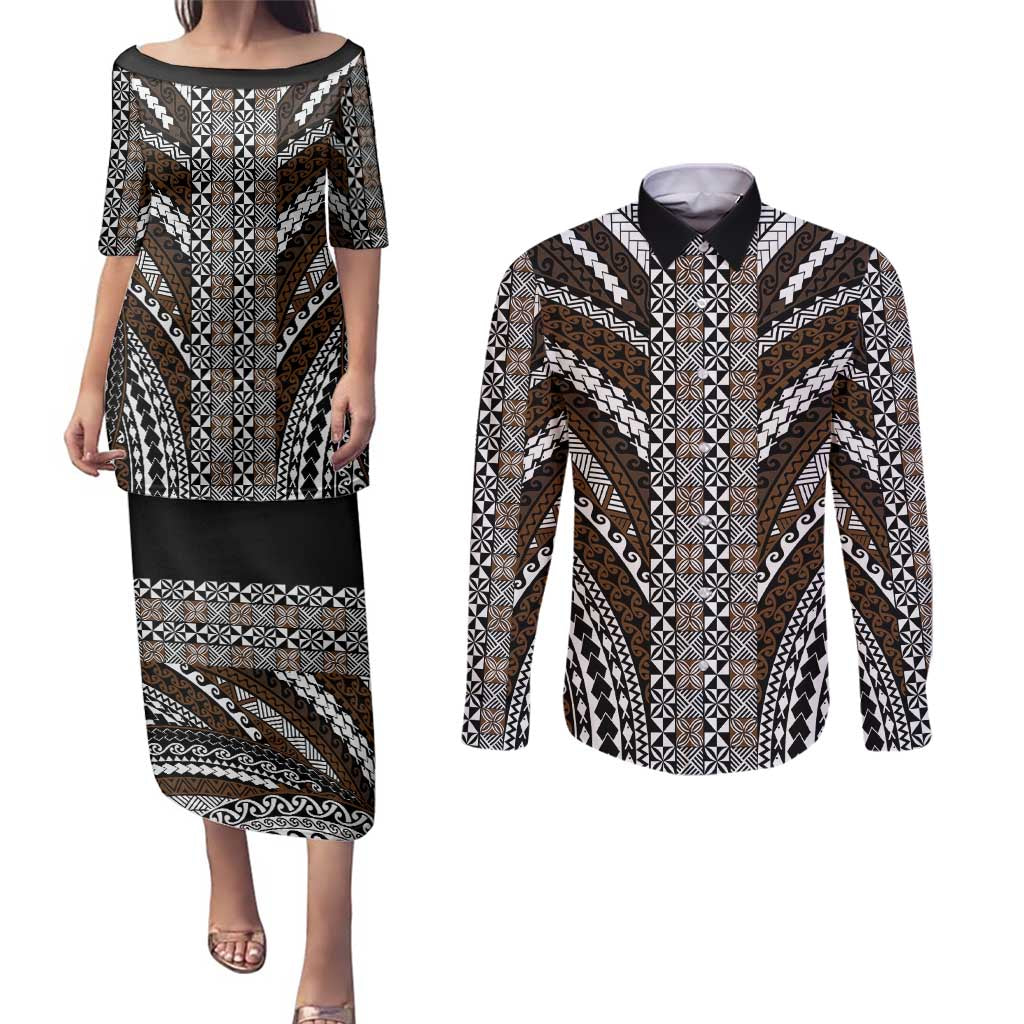 Brown Tongan Polynesian Tribal Couples Matching Puletasi and Long Sleeve Button Shirt - Polynesian Pride