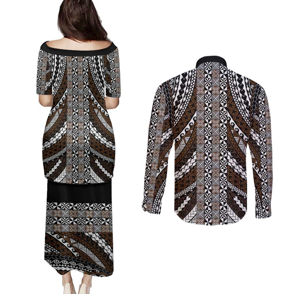 Brown Tongan Polynesian Tribal Couples Matching Puletasi and Long Sleeve Button Shirt - Polynesian Pride