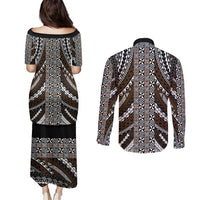 Brown Tongan Polynesian Tribal Couples Matching Puletasi and Long Sleeve Button Shirt - Polynesian Pride