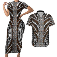 Brown Tongan Polynesian Tribal Couples Matching Short Sleeve Bodycon Dress and Hawaiian Shirt LT9 Brown - Polynesian Pride