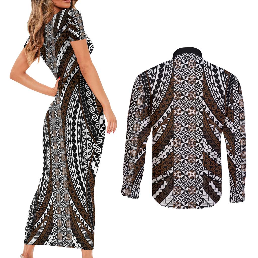 Brown Tongan Polynesian Tribal Couples Matching Short Sleeve Bodycon Dress and Long Sleeve Button Shirt LT9 - Polynesian Pride