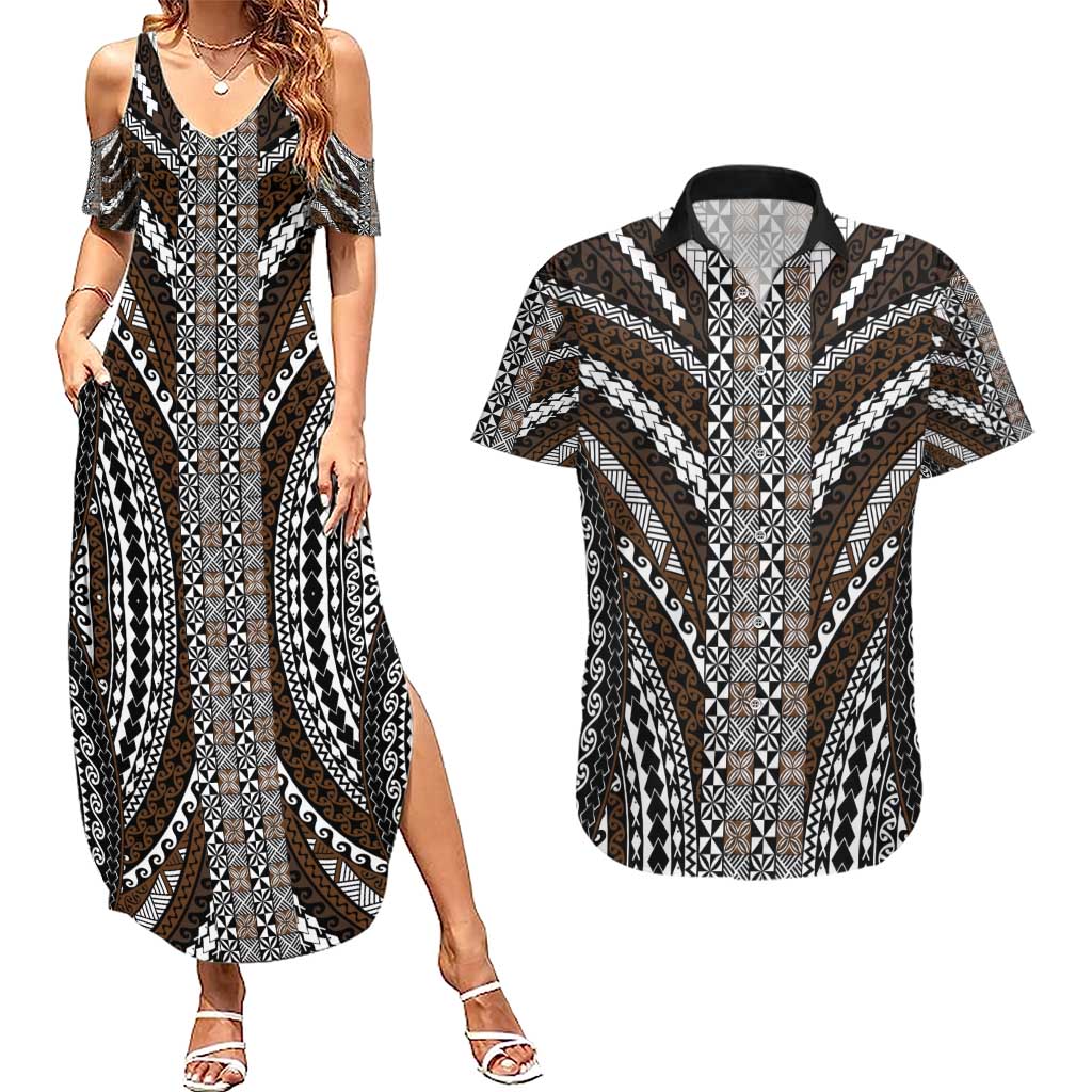 Brown Tongan Polynesian Tribal Couples Matching Summer Maxi Dress and Hawaiian Shirt LT9 Brown - Polynesian Pride