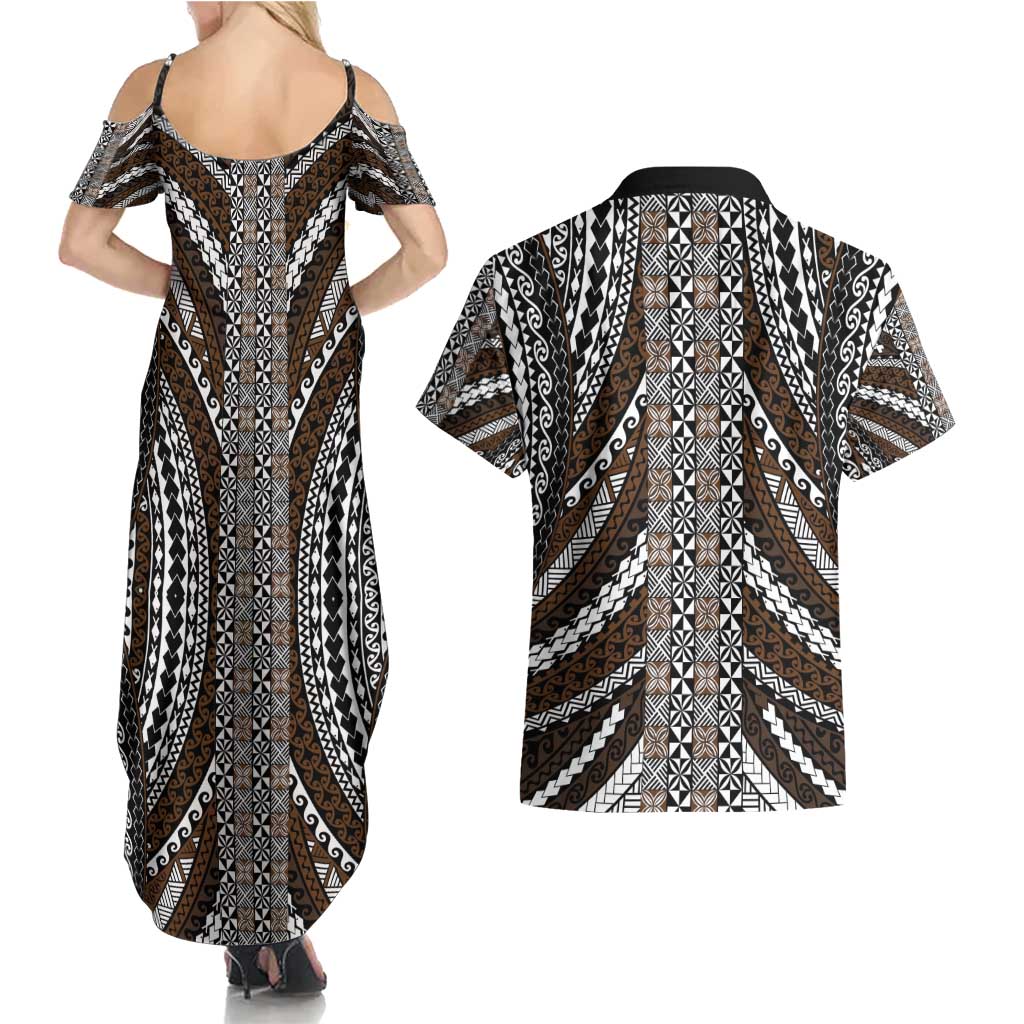 Brown Tongan Polynesian Tribal Couples Matching Summer Maxi Dress and Hawaiian Shirt LT9 - Polynesian Pride