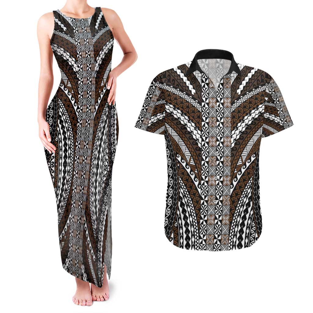 Brown Tongan Polynesian Tribal Couples Matching Tank Maxi Dress and Hawaiian Shirt - Polynesian Pride