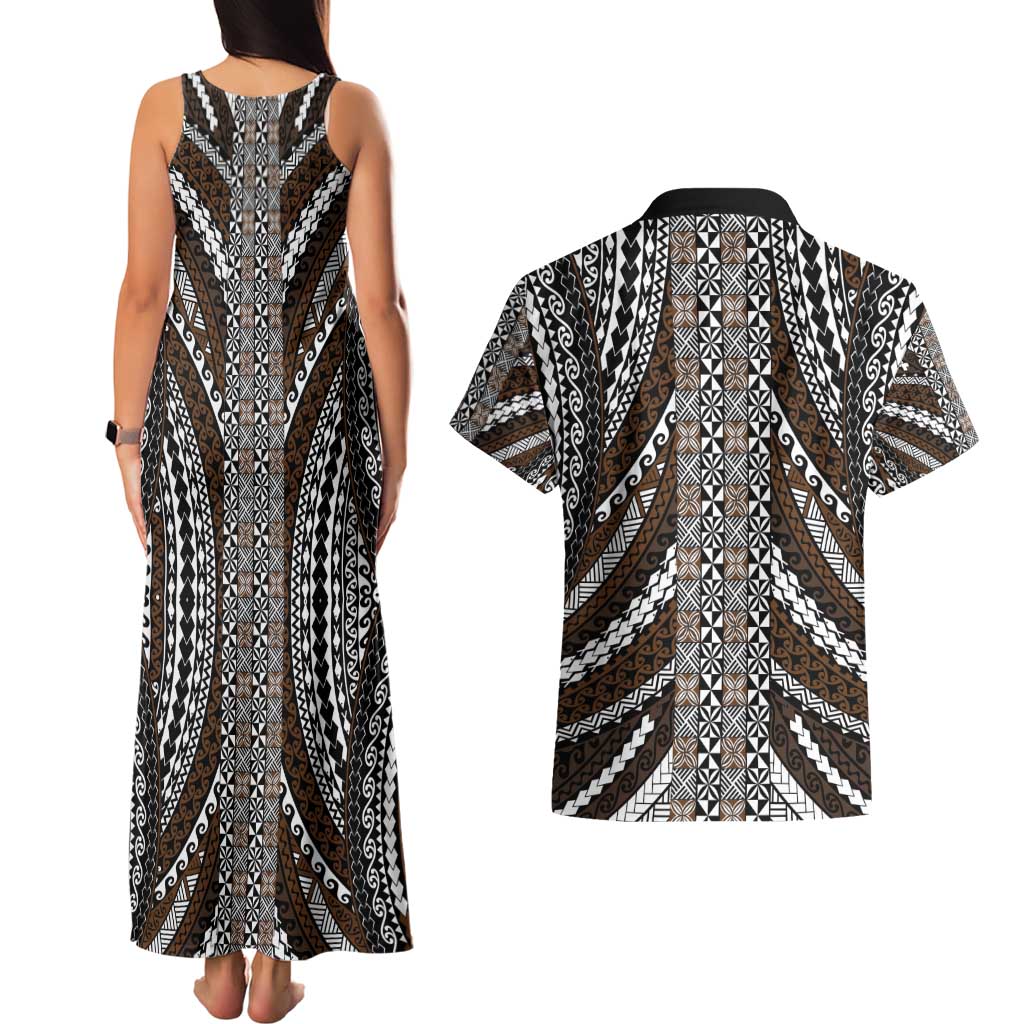 Brown Tongan Polynesian Tribal Couples Matching Tank Maxi Dress and Hawaiian Shirt LT9 - Polynesian Pride