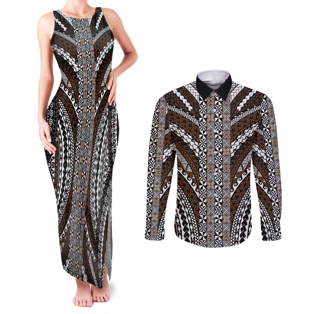 Brown Tongan Polynesian Tribal Couples Matching Tank Maxi Dress and Long Sleeve Button Shirt - Polynesian Pride