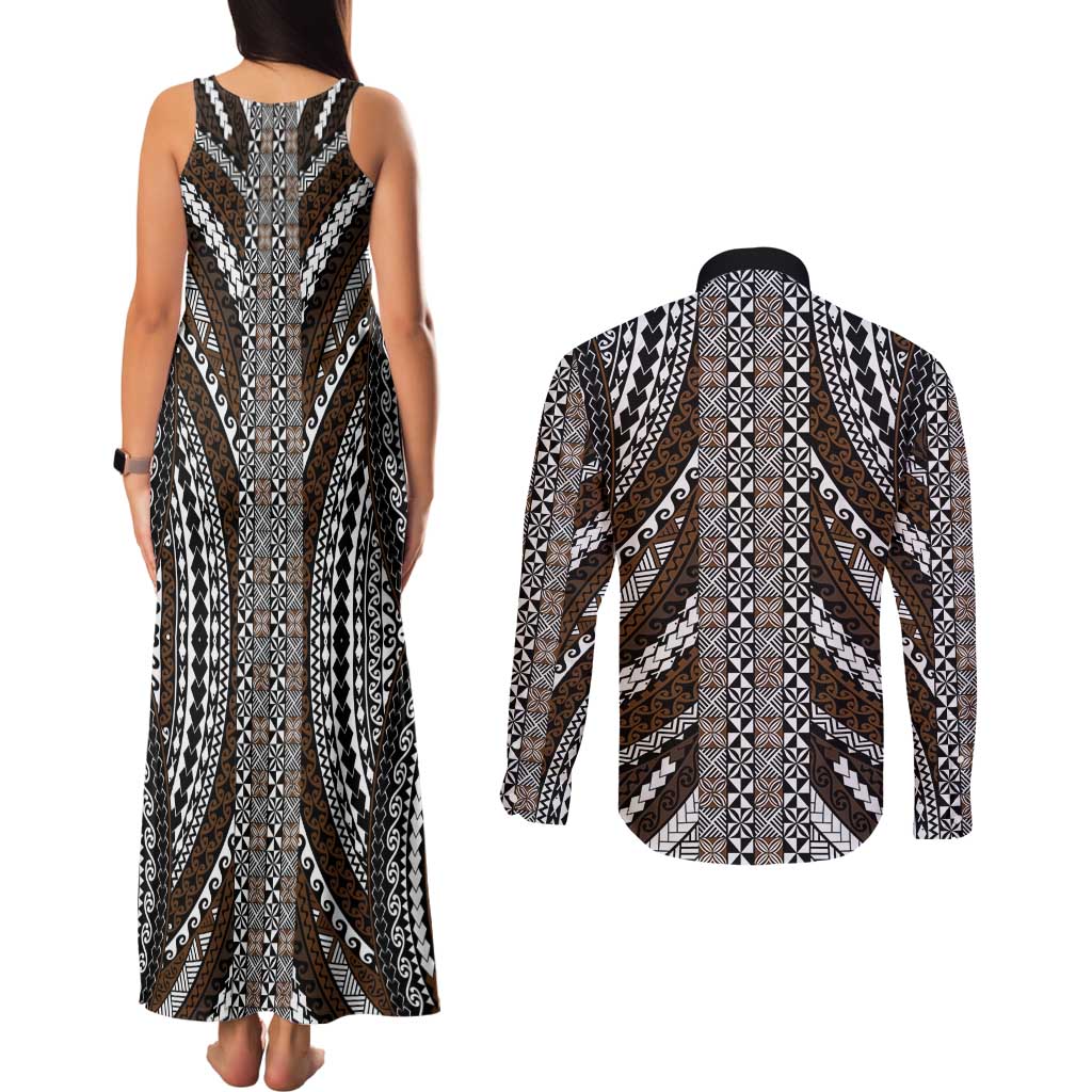 Brown Tongan Polynesian Tribal Couples Matching Tank Maxi Dress and Long Sleeve Button Shirt - Polynesian Pride