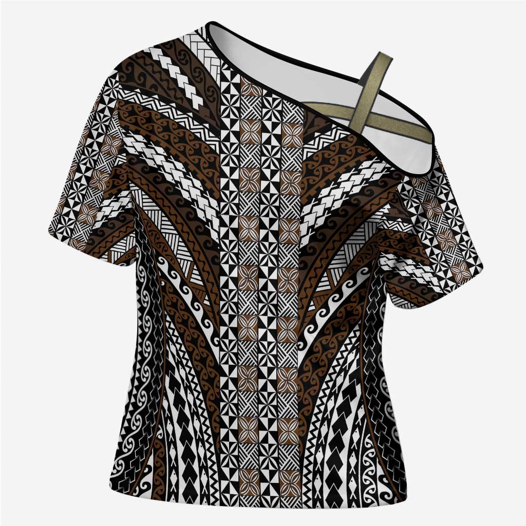 Brown Tongan Polynesian Tribal Cross Shoulder Shirt - Polynesian Pride