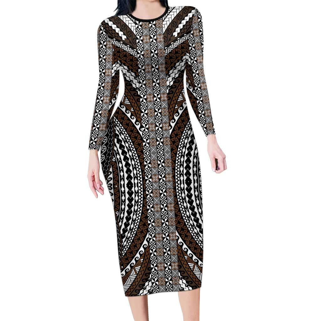 Brown Tongan Polynesian Tribal Family Matching Long Sleeve Bodycon Dress and Hawaiian Shirt LT9 Mom's Dress Brown - Polynesian Pride