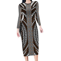 Brown Tongan Polynesian Tribal Family Matching Long Sleeve Bodycon Dress and Hawaiian Shirt LT9 Mom's Dress Brown - Polynesian Pride