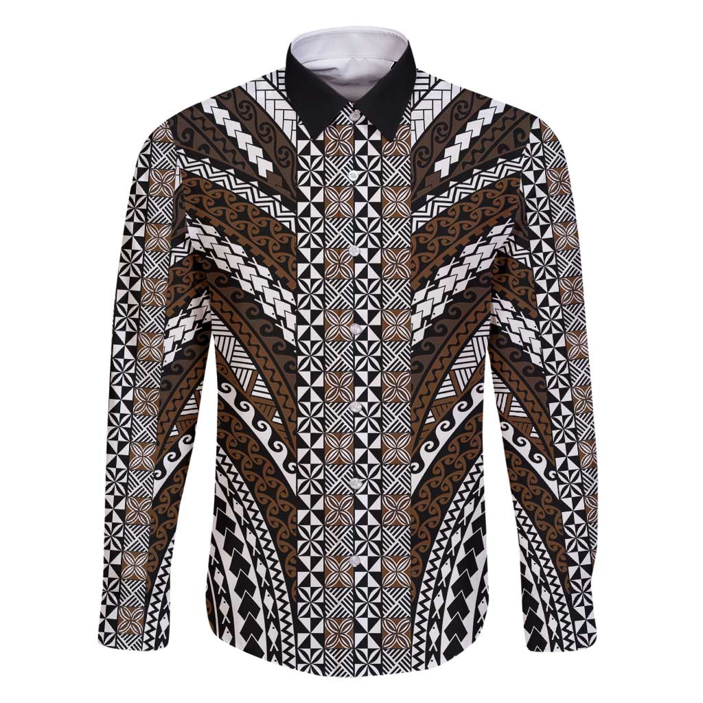 Brown Tongan Polynesian Tribal Family Matching Mermaid Dress and Hawaiian Shirt LT9 Dad's Shirt - Long Sleeve Brown - Polynesian Pride