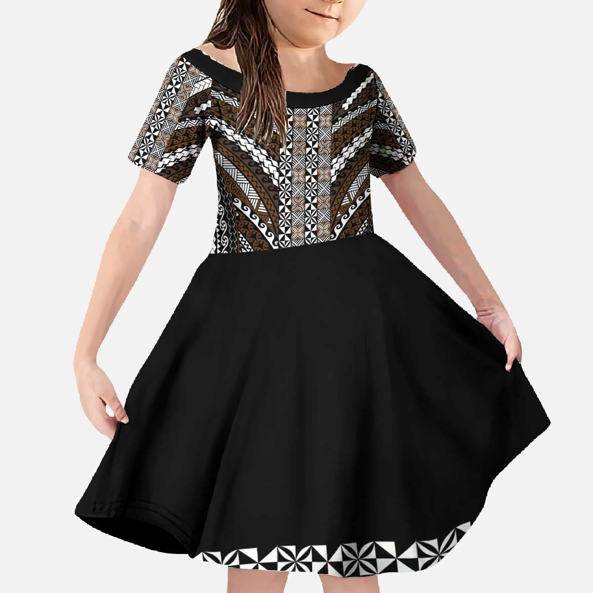 Brown Tongan Polynesian Tribal Family Matching Off The Shoulder Long Sleeve Dress and Hawaiian Shirt LT9 Daughter's Dress Brown - Polynesian Pride