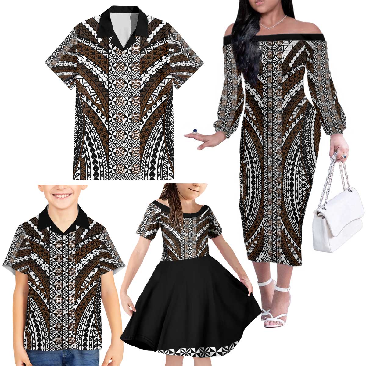 Brown Tongan Polynesian Tribal Family Matching Off The Shoulder Long Sleeve Dress and Hawaiian Shirt LT9 - Polynesian Pride