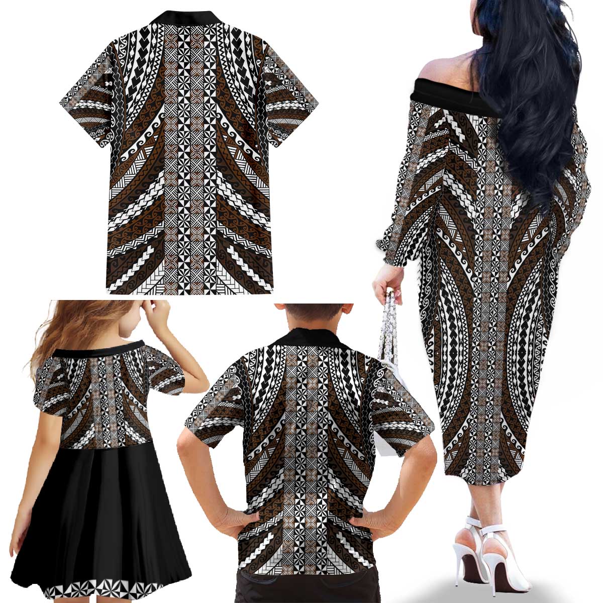 Brown Tongan Polynesian Tribal Family Matching Off The Shoulder Long Sleeve Dress and Hawaiian Shirt LT9 - Polynesian Pride