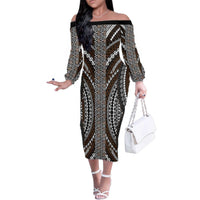 Brown Tongan Polynesian Tribal Family Matching Off The Shoulder Long Sleeve Dress and Hawaiian Shirt LT9 Mom's Dress Brown - Polynesian Pride
