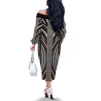 Brown Tongan Polynesian Tribal Family Matching Off The Shoulder Long Sleeve Dress and Hawaiian Shirt LT9 - Polynesian Pride
