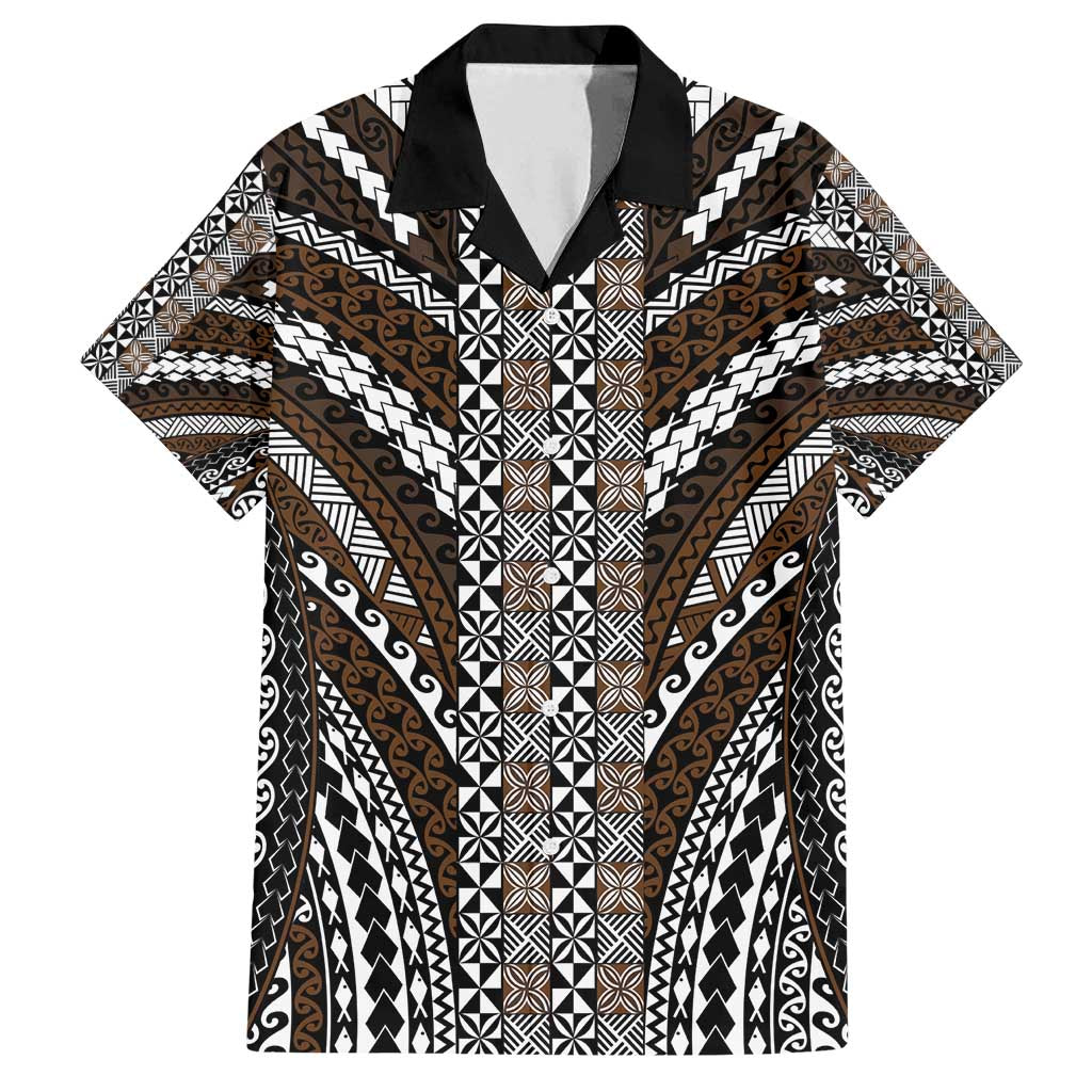 Brown Tongan Polynesian Tribal Family Matching Off Shoulder Maxi Dress and Hawaiian Shirt LT9 Dad's Shirt - Short Sleeve Brown - Polynesian Pride