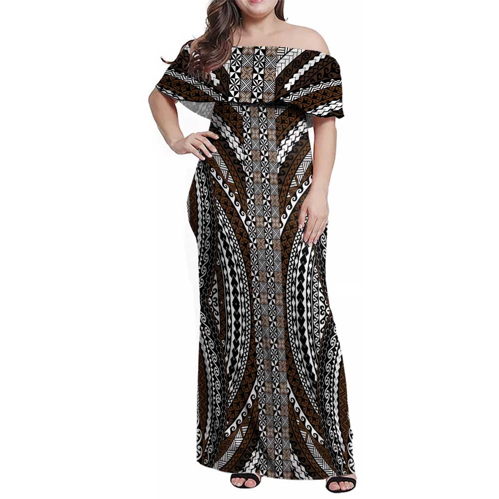 Brown Tongan Polynesian Tribal Family Matching Off Shoulder Maxi Dress and Hawaiian Shirt LT9 Mom's Dress Brown - Polynesian Pride