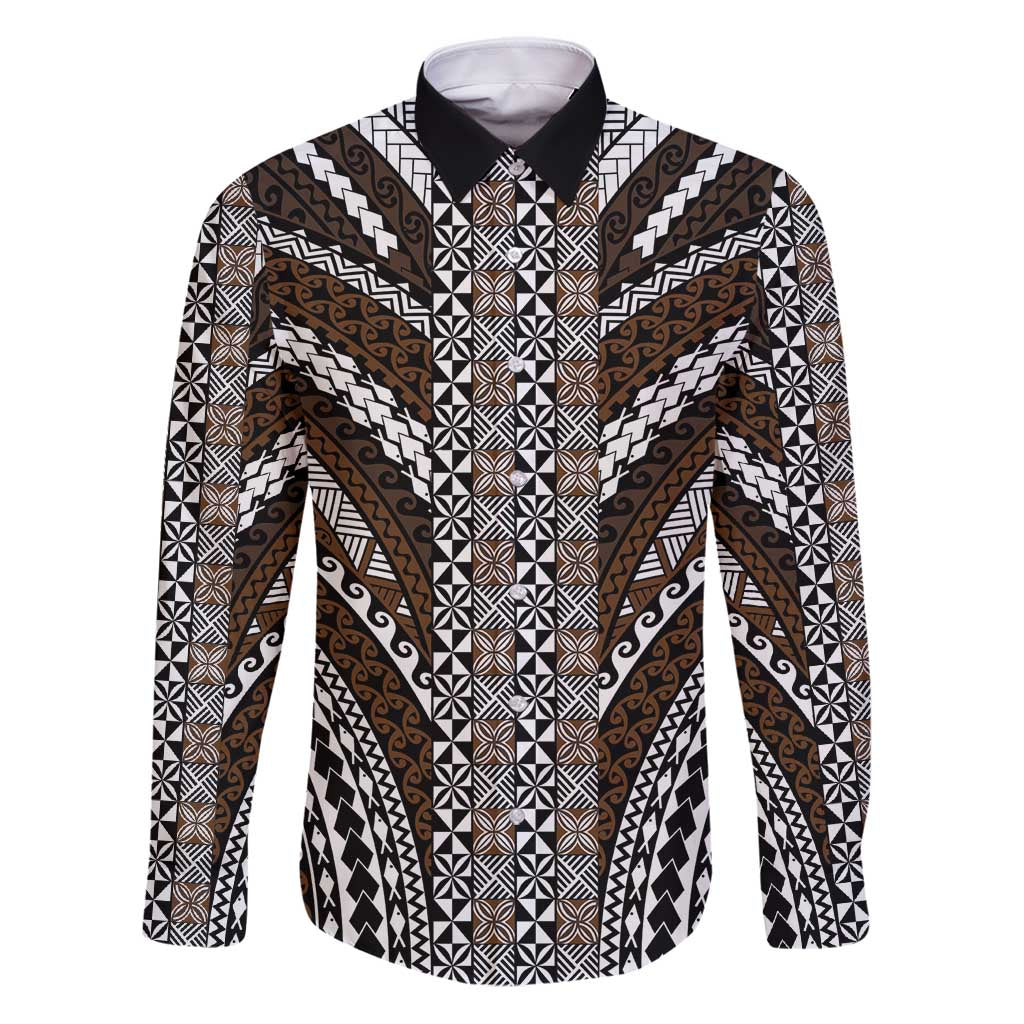 Brown Tongan Polynesian Tribal Family Matching Puletasi and Hawaiian Shirt LT9 Dad's Shirt - Long Sleeve Brown - Polynesian Pride