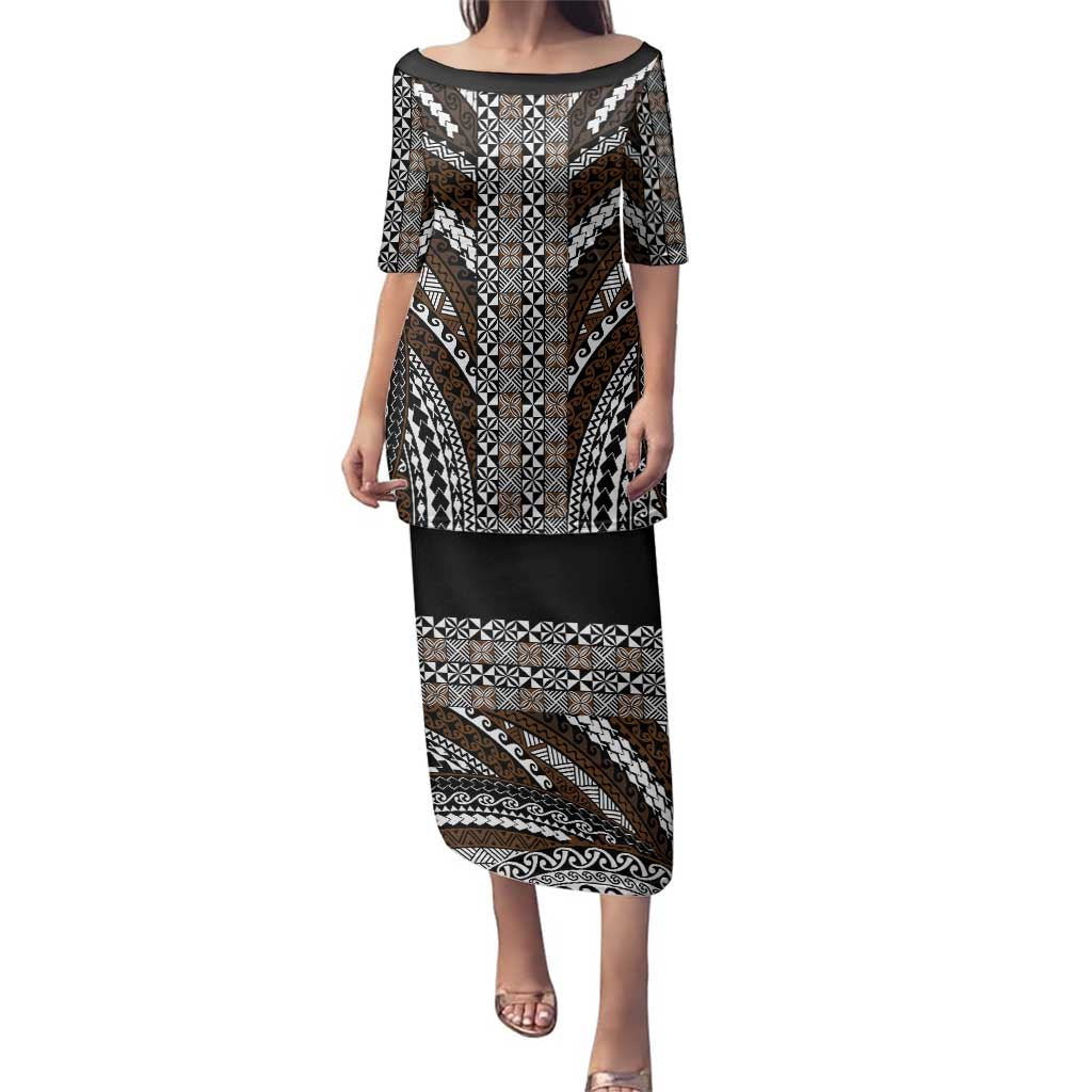 Brown Tongan Polynesian Tribal Family Matching Puletasi and Hawaiian Shirt LT9 Mom's Dress Brown - Polynesian Pride