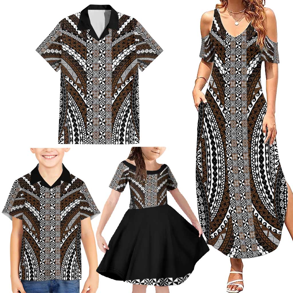 Brown Tongan Polynesian Tribal Family Matching Summer Maxi Dress and Hawaiian Shirt LT9 - Polynesian Pride