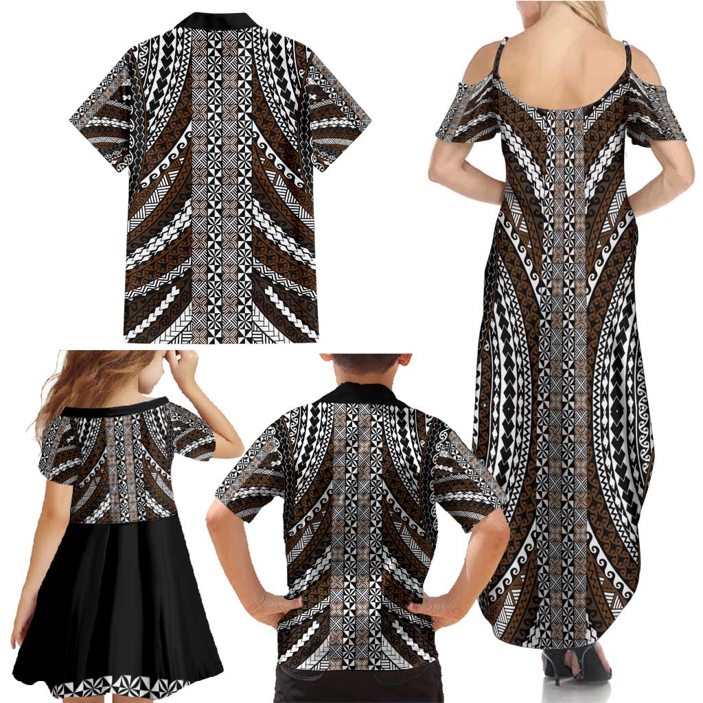 Brown Tongan Polynesian Tribal Family Matching Summer Maxi Dress and Hawaiian Shirt LT9 - Polynesian Pride