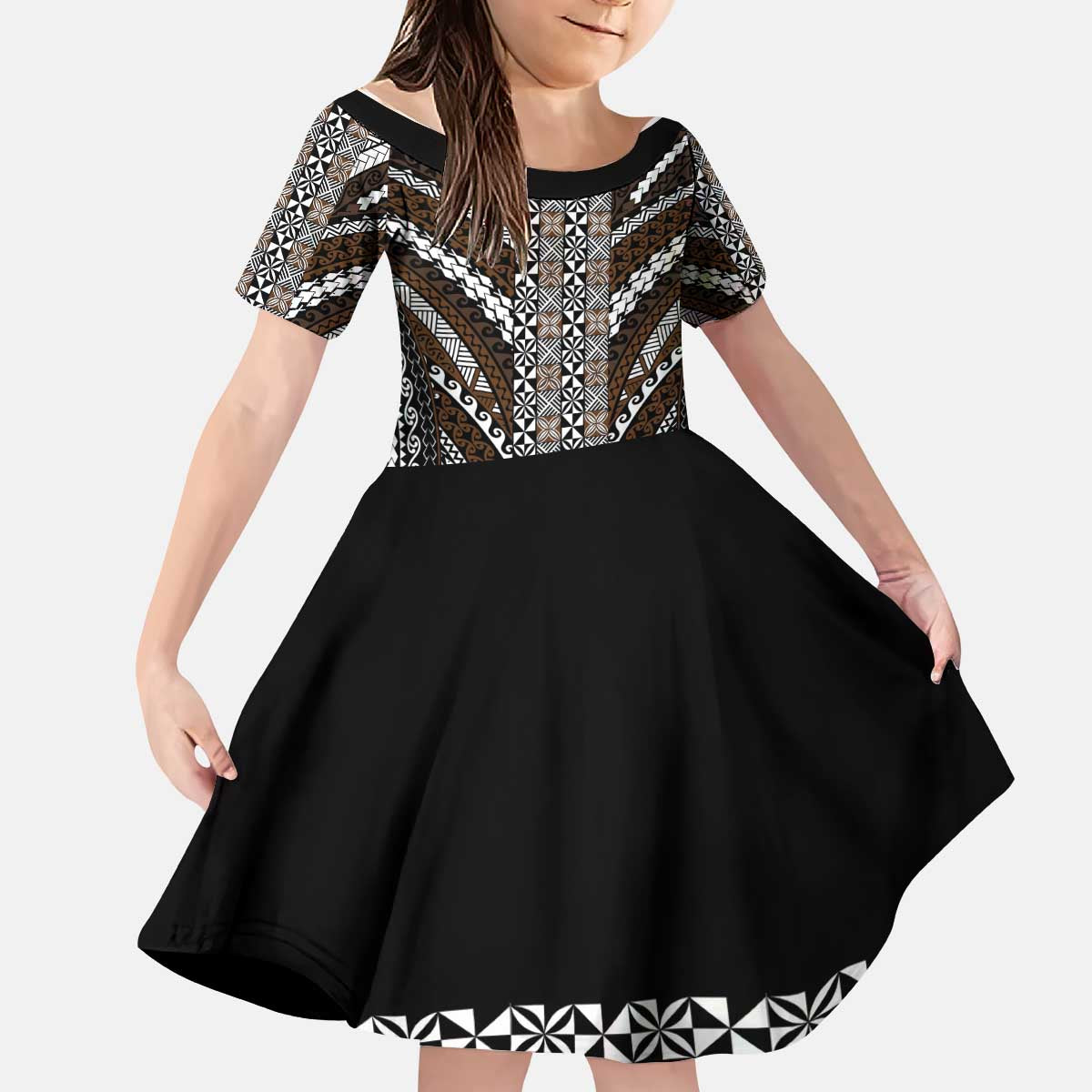 Brown Tongan Polynesian Tribal Kid Short Sleeve Dress LT9 KID Brown - Polynesian Pride