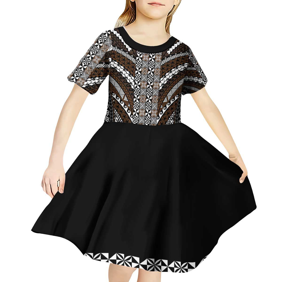 Brown Tongan Polynesian Tribal Kid Short Sleeve Dress LT9 - Polynesian Pride