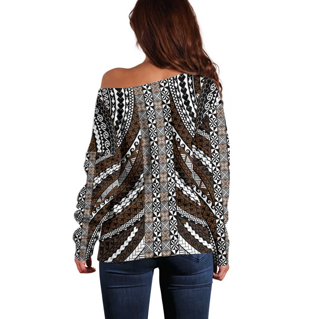 Brown Tongan Polynesian Tribal Off Shoulder Sweater - Polynesian Pride