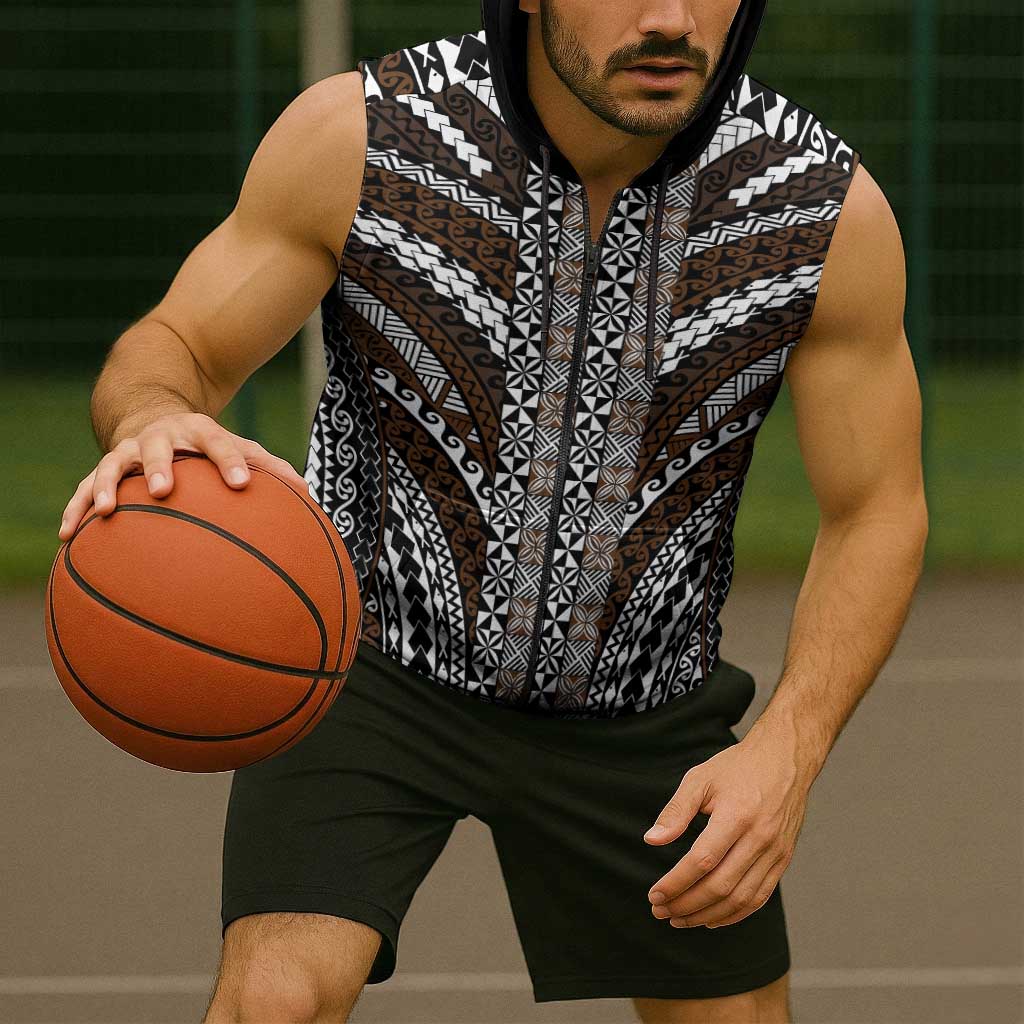 Brown Tongan Polynesian Tribal Sleeveless Zip Hoodie - Polynesian Pride