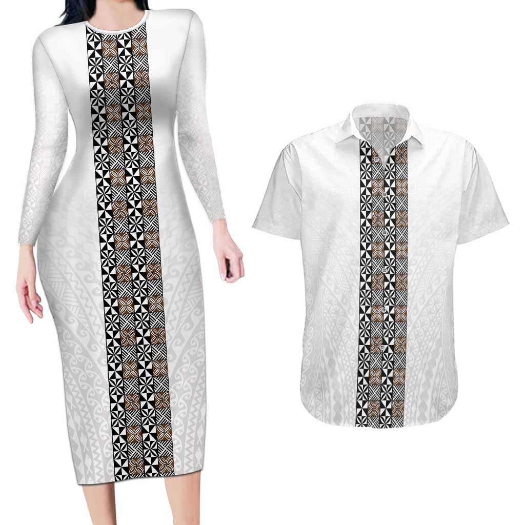 Light Gray Tongan Polynesian Tribal Couples Matching Long Sleeve Bodycon Dress and Hawaiian Shirt LT9 White - Polynesian Pride