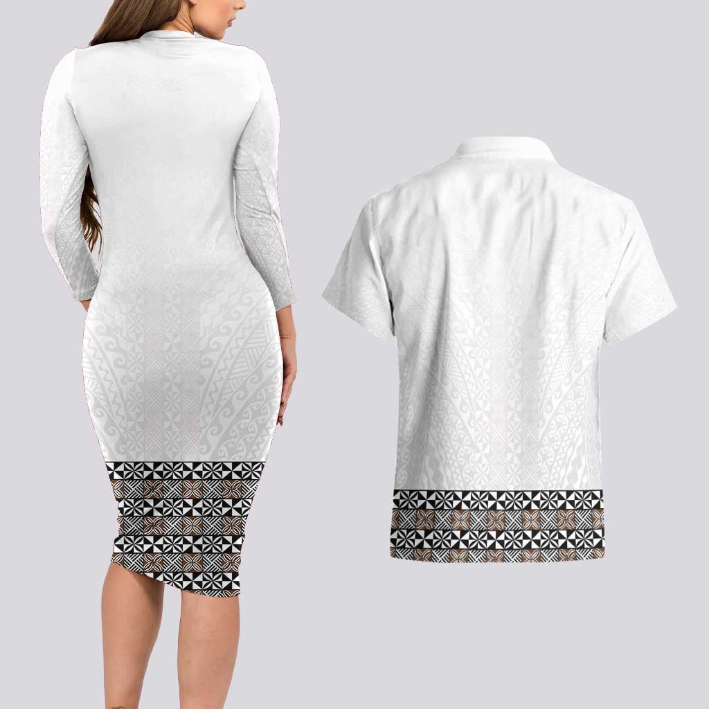 Light Gray Tongan Polynesian Tribal Couples Matching Long Sleeve Bodycon Dress and Hawaiian Shirt LT9 - Polynesian Pride