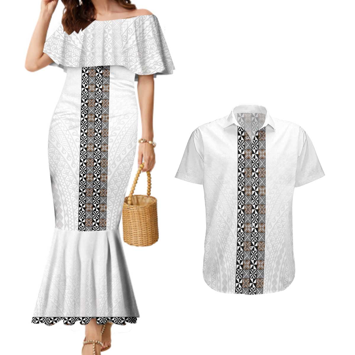 Light Gray Tongan Polynesian Tribal Couples Matching Mermaid Dress and Hawaiian Shirt LT9 White - Polynesian Pride