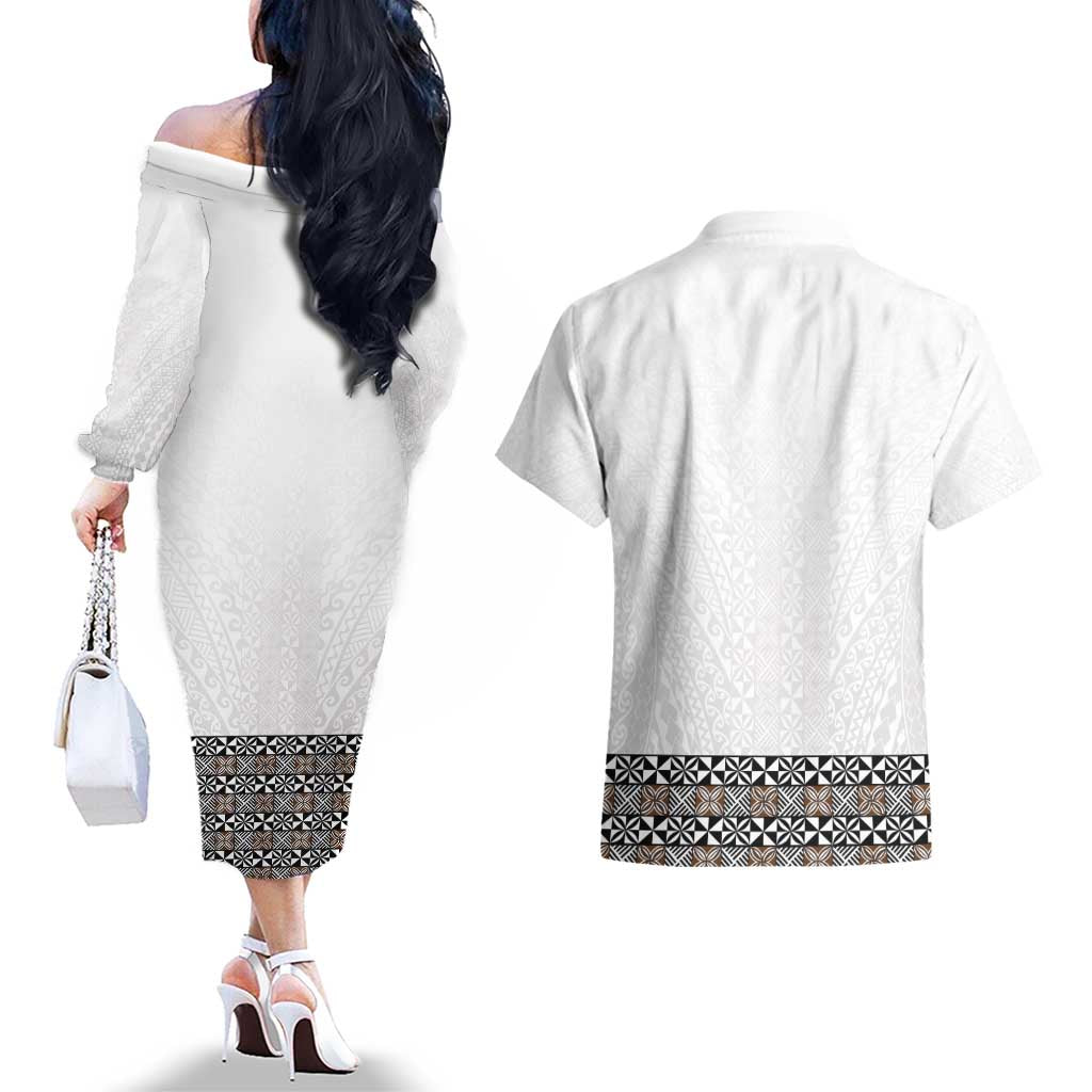 Light Gray Tongan Polynesian Tribal Couples Matching Off The Shoulder Long Sleeve Dress and Hawaiian Shirt LT9 - Polynesian Pride