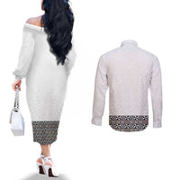 Light Gray Tongan Polynesian Tribal Couples Matching Off The Shoulder Long Sleeve Dress and Long Sleeve Button Shirt LT9 - Polynesian Pride