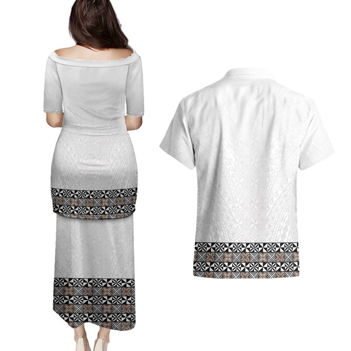 Light Gray Tongan Polynesian Tribal Couples Matching Puletasi and Hawaiian Shirt LT9 - Polynesian Pride